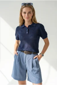 Olalook Women's Navy Blue Polo Collar Floral Patterned Openwork Knitwear Blouse - Image 2