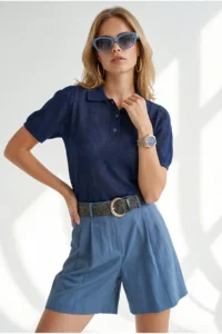 Olalook Women's Navy Blue Polo Collar Floral Patterned Openwork Knitwear Blouse - Image 3