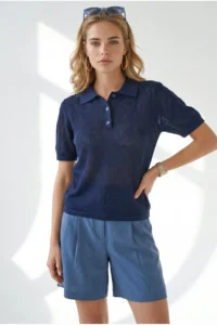 Olalook Women's Navy Blue Polo Collar Floral Patterned Openwork Knitwear Blouse - Image 4
