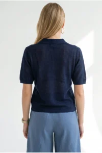 Olalook Women's Navy Blue Polo Collar Floral Patterned Openwork Knitwear Blouse - Image 5
