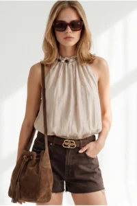 Olalook Women's Beige Collar Bead Detailed Textured Elastic Waist Blouse