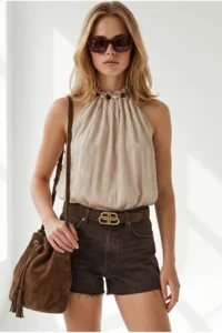 Olalook Women's Beige Collar Bead Detailed Textured Elastic Waist Blouse - Image 2