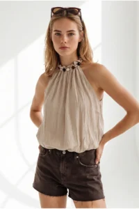 Olalook Women's Beige Collar Bead Detailed Textured Elastic Waist Blouse - Image 3