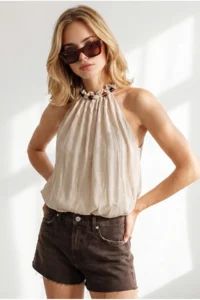 Olalook Women's Beige Collar Bead Detailed Textured Elastic Waist Blouse - Image 4