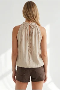 Olalook Women's Beige Collar Bead Detailed Textured Elastic Waist Blouse - Image 6