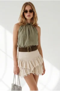 Olalook Women's Khaki Collar Bead Detailed Textured Elastic Waist Blouse