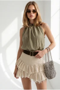 Olalook Women's Khaki Collar Bead Detailed Textured Elastic Waist Blouse - Image 3