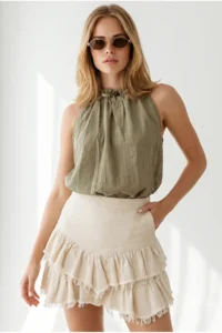 Olalook Women's Khaki Collar Bead Detailed Textured Elastic Waist Blouse - Image 4