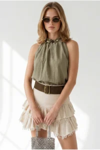 Olalook Women's Khaki Collar Bead Detailed Textured Elastic Waist Blouse - Image 5