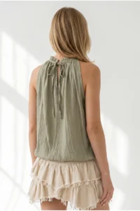 Olalook Women's Khaki Collar Bead Detailed Textured Elastic Waist Blouse - Image 6