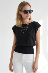 Olalook Women's Black Boat Neck Waist Banded Seasonal Cotton Content Blouse