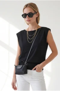 Olalook Women's Black Boat Neck Waist Banded Seasonal Cotton Content Blouse - Image 2