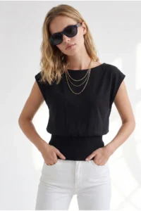 Olalook Women's Black Boat Neck Waist Banded Seasonal Cotton Content Blouse - Image 4