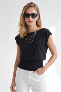 Olalook Women's Black Boat Neck Waist Banded Seasonal Cotton Content Blouse - Image 5