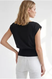 Olalook Women's Black Boat Neck Waist Banded Seasonal Cotton Content Blouse - Image 6