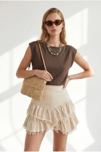 Olalook Women's Brown Boat Neck Waist Banded Seasonal Cotton Content Blouse - Image 2