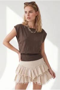 Olalook Women's Brown Boat Neck Waist Banded Seasonal Cotton Content Blouse - Image 3