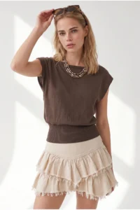 Olalook Women's Brown Boat Neck Waist Banded Seasonal Cotton Content Blouse - Image 4