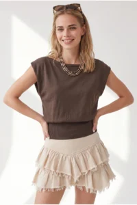 Olalook Women's Brown Boat Neck Waist Banded Seasonal Cotton Content Blouse - Image 5