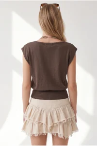 Olalook Women's Brown Boat Neck Waist Banded Seasonal Cotton Content Blouse - Image 6