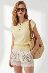 Olalook Women's Yellow Boat Neck Waist Banded Seasonal Cotton Content Blouse