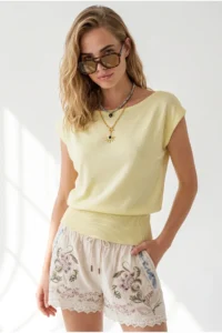 Olalook Women's Yellow Boat Neck Waist Banded Seasonal Cotton Content Blouse - Image 2