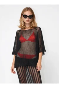 Olalook Women's Black Metallic Textured Openwork Knitwear Blouse - Image 2