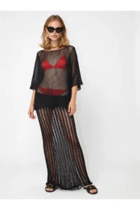 Olalook Women's Black Metallic Textured Openwork Knitwear Blouse - Image 5