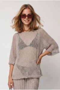 Olalook Women's Stone Metallic Textured Openwork Knitwear Blouse - Image 2