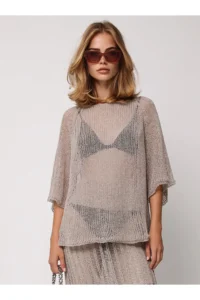 Olalook Women's Stone Metallic Textured Openwork Knitwear Blouse - Image 4