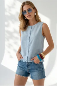 Olalook Women's Baby Blue Accessory Buttoned Fringed Flam Cotton Blouse