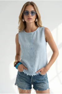 Olalook Women's Baby Blue Accessory Buttoned Fringed Flam Cotton Blouse - Image 2