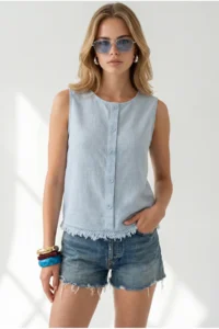 Olalook Women's Baby Blue Accessory Buttoned Fringed Flam Cotton Blouse - Image 3