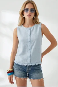 Olalook Women's Baby Blue Accessory Buttoned Fringed Flam Cotton Blouse - Image 4