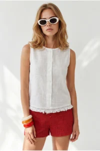 Olalook Women's White Accessory Buttoned Fringed Flam Cotton Blouse