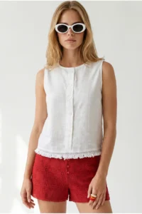 Olalook Women's White Accessory Buttoned Fringed Flam Cotton Blouse - Image 2