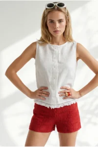 Olalook Women's White Accessory Buttoned Fringed Flam Cotton Blouse - Image 3