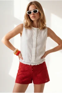Olalook Women's White Accessory Buttoned Fringed Flam Cotton Blouse - Image 4