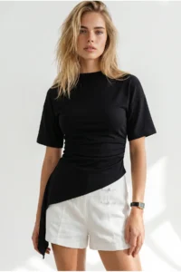 Olalook Women's Black Drape Detailed Asymmetrical Blouse