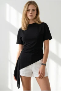 Olalook Women's Black Drape Detailed Asymmetrical Blouse - Image 2