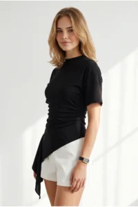 Olalook Women's Black Drape Detailed Asymmetrical Blouse - Image 3