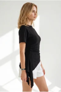 Olalook Women's Black Drape Detailed Asymmetrical Blouse - Image 4