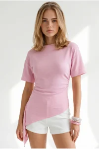 Olalook Women's Pink Drape Detailed Asymmetrical Blouse - Image 2