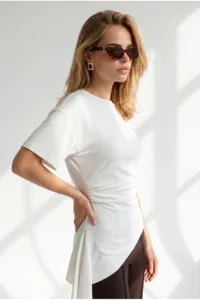 Olalook Women's White Drape Detailed Asymmetrical Blouse