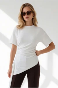 Olalook Women's White Drape Detailed Asymmetrical Blouse - Image 2