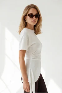 Olalook Women's White Drape Detailed Asymmetrical Blouse - Image 3