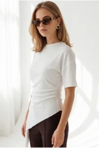Olalook Women's White Drape Detailed Asymmetrical Blouse - Image 4