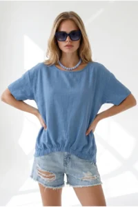 Olalook Women's Indigo Crew Neck Front Short Back Long Flam Cotton Blouse - Image 2