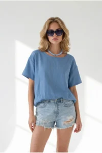 Olalook Women's Indigo Crew Neck Front Short Back Long Flam Cotton Blouse - Image 3