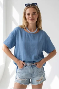 Olalook Women's Indigo Crew Neck Front Short Back Long Flam Cotton Blouse - Image 4